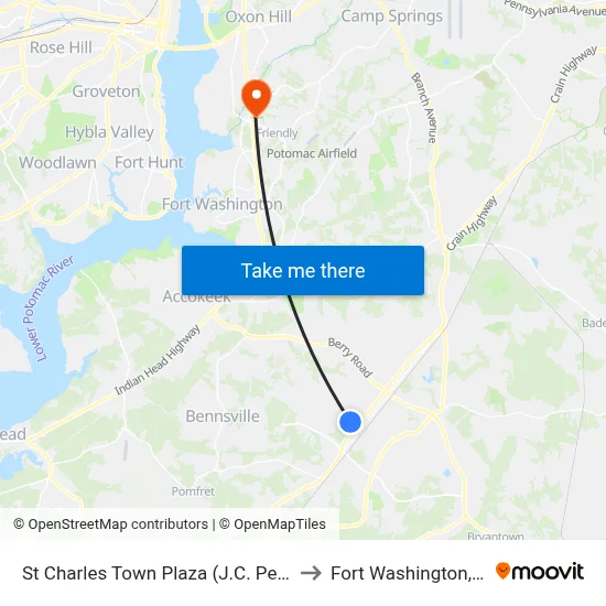 St Charles Town Plaza (J.C. Penney) to Fort Washington, MD map