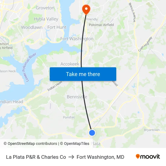 La Plata P&R & Charles Co to Fort Washington, MD map