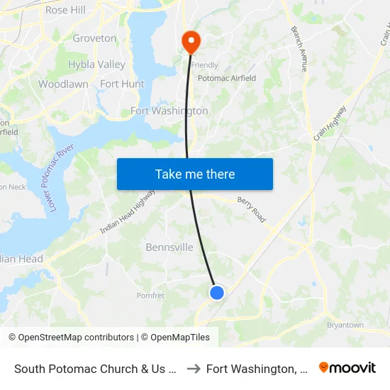 South Potomac Church & Us 301 to Fort Washington, MD map