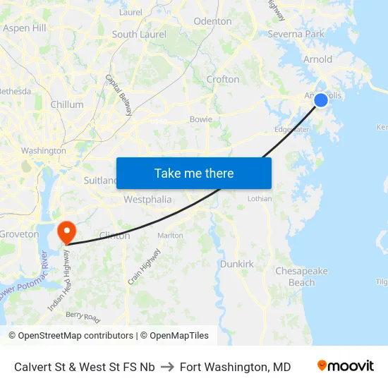 Calvert St & West St FS Nb to Fort Washington, MD map