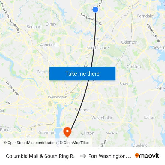 Columbia Mall & South Ring Rd Eb to Fort Washington, MD map