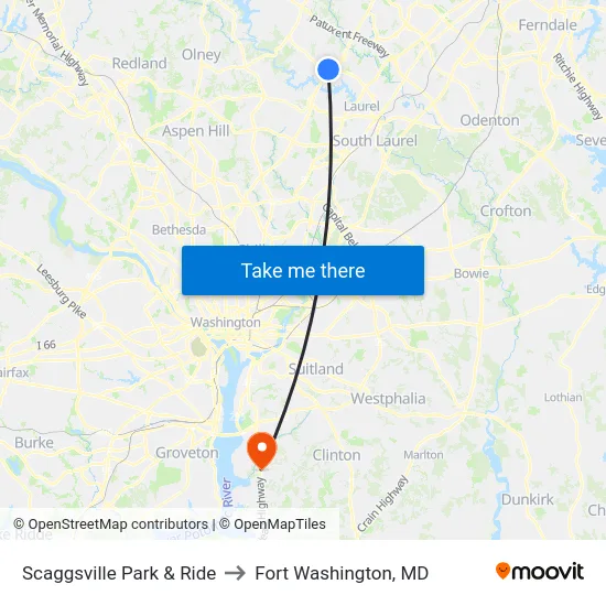 Scaggsville Park & Ride to Fort Washington, MD map