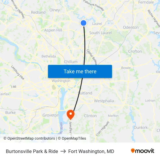 Burtonsville Park & Ride to Fort Washington, MD map