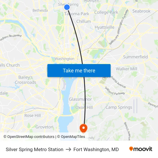 Silver Spring Metro Station to Fort Washington, MD map