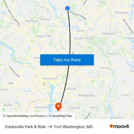 Clarksville Park & Ride to Fort Washington, MD map