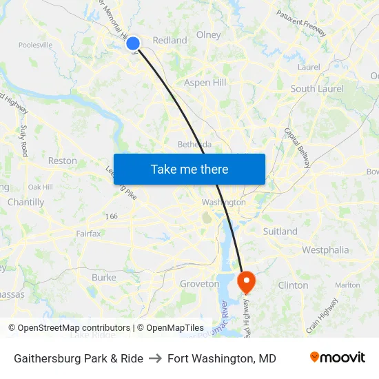 Gaithersburg Park & Ride to Fort Washington, MD map