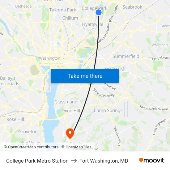 College Park Metro Station to Fort Washington, MD map