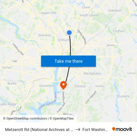 Metzerott Rd (National Archives at College Park) Wb to Fort Washington, MD map