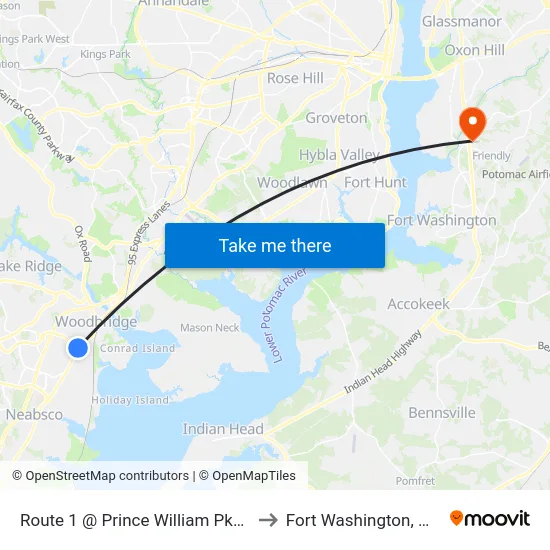 Route 1 @ Prince William Pkwy to Fort Washington, MD map