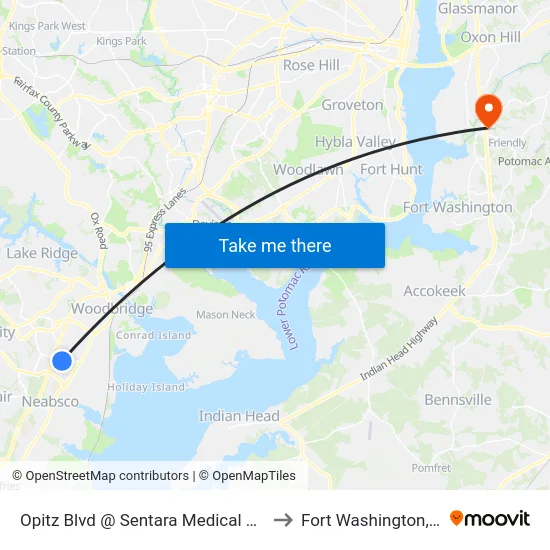 Opitz Blvd @ Sentara Medical Center to Fort Washington, MD map