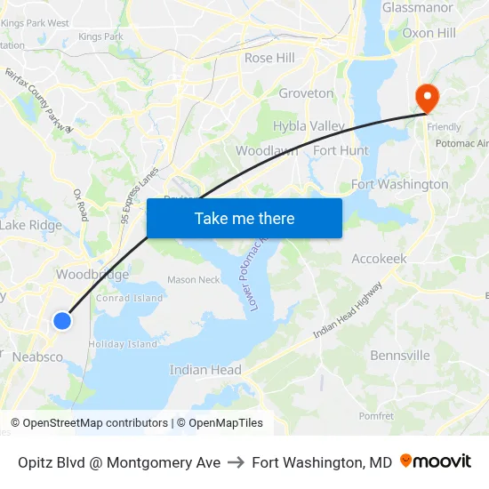 Opitz Blvd @ Montgomery Ave to Fort Washington, MD map