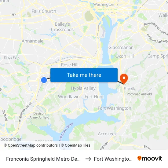 Franconia Springfield Metro Departures to Fort Washington, MD map