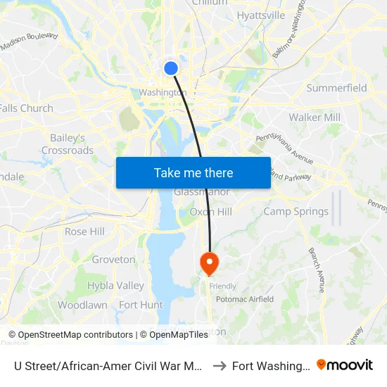 U Street/African-Amer Civil  War Memorial/ Cardozo to Fort Washington, MD map