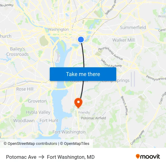 Potomac Ave to Fort Washington, MD map