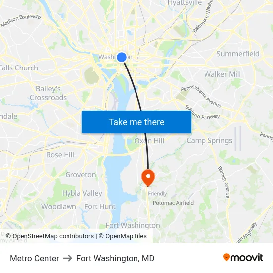 Metro Center to Fort Washington, MD map
