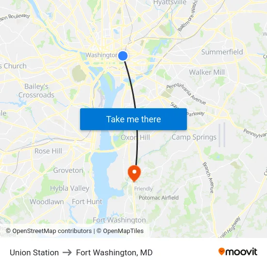 Union Station to Fort Washington, MD map