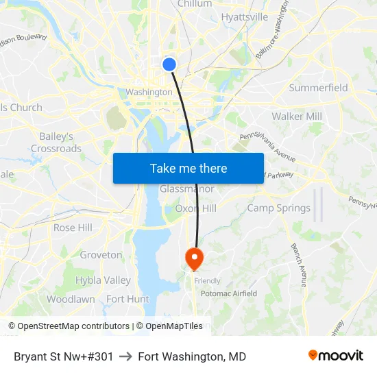 Bryant St Nw+#301 to Fort Washington, MD map