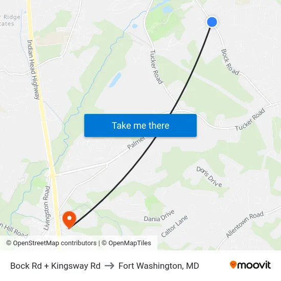 Bock Rd + Kingsway Rd to Fort Washington, MD map