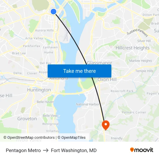 Pentagon Metro to Fort Washington, MD map