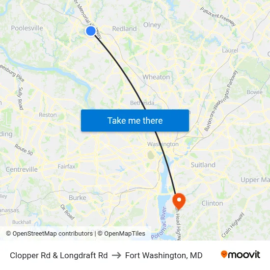Clopper Rd & Longdraft Rd to Fort Washington, MD map