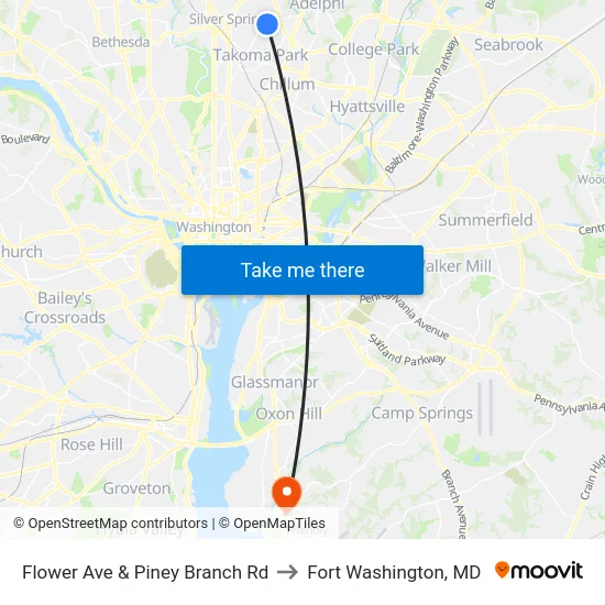 Flower Ave & Piney Branch Rd to Fort Washington, MD map
