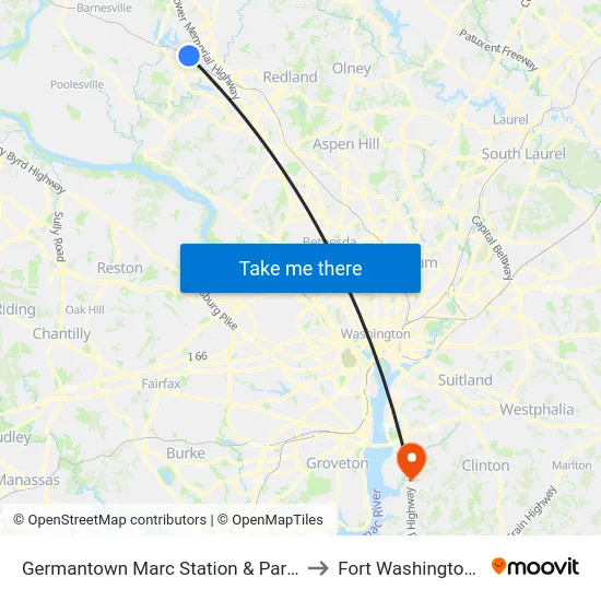 Germantown Marc Station & Parking Lot to Fort Washington, MD map