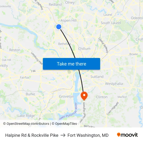 Halpine Rd & Rockville Pike to Fort Washington, MD map