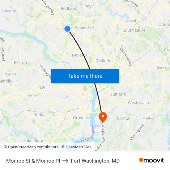 Monroe St & Monroe Pl to Fort Washington, MD map