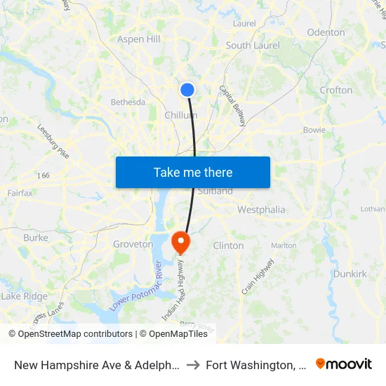 New Hampshire Ave & Adelphi Rd to Fort Washington, MD map