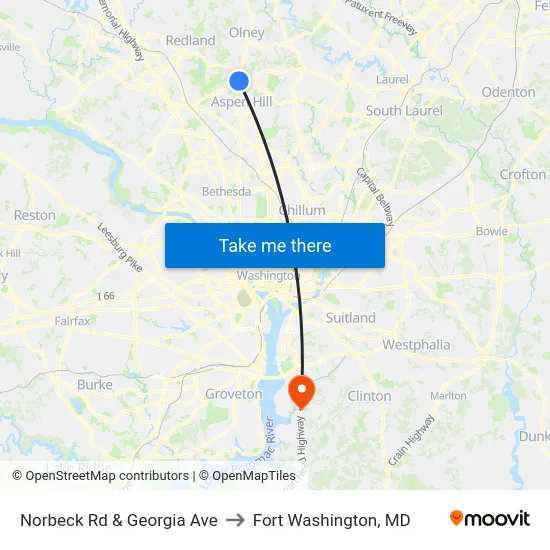 Norbeck Rd & Georgia Ave to Fort Washington, MD map