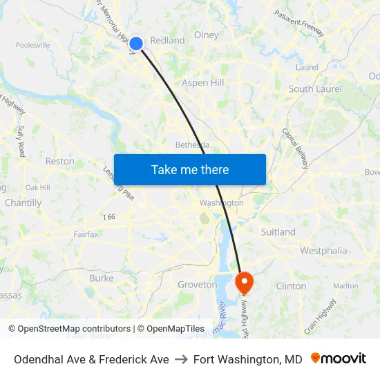 Odendhal Ave & Frederick Ave to Fort Washington, MD map