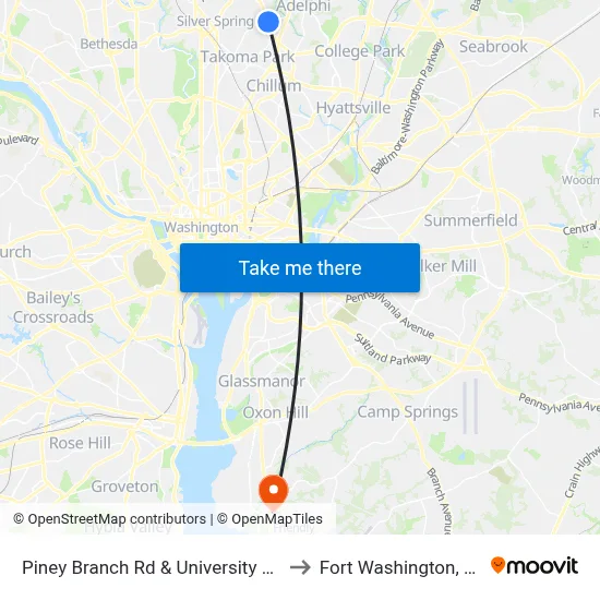 Piney Branch Rd & University Blvd to Fort Washington, MD map