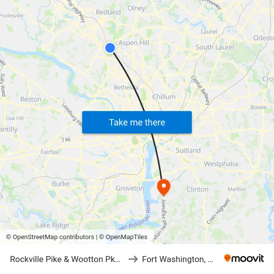 Rockville Pike & Wootton Pkwy to Fort Washington, MD map