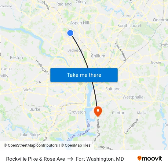 Rockville Pike & Rose Ave to Fort Washington, MD map