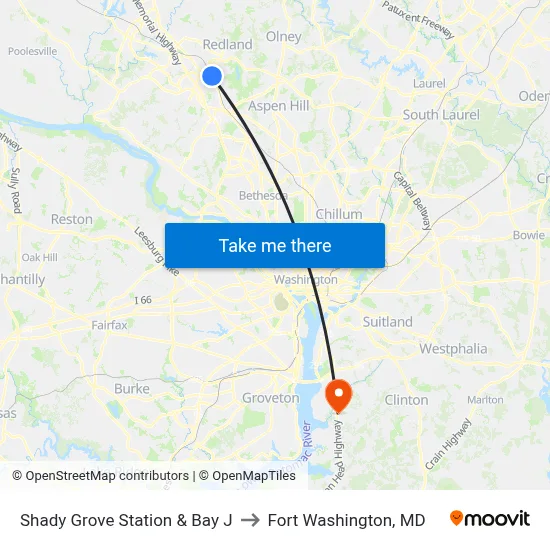Shady Grove Station & Bay J to Fort Washington, MD map