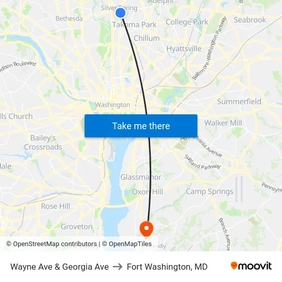 Wayne Ave & Georgia Ave to Fort Washington, MD map