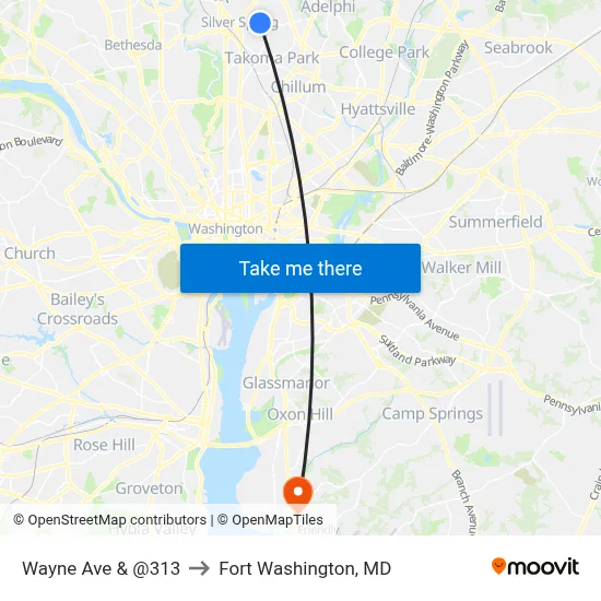 Wayne Ave & @313 to Fort Washington, MD map