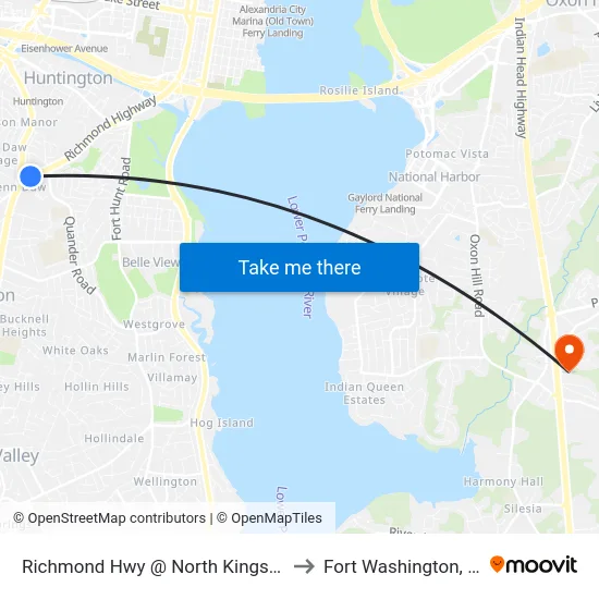 Richmond Hwy @ North Kings Hwy to Fort Washington, MD map