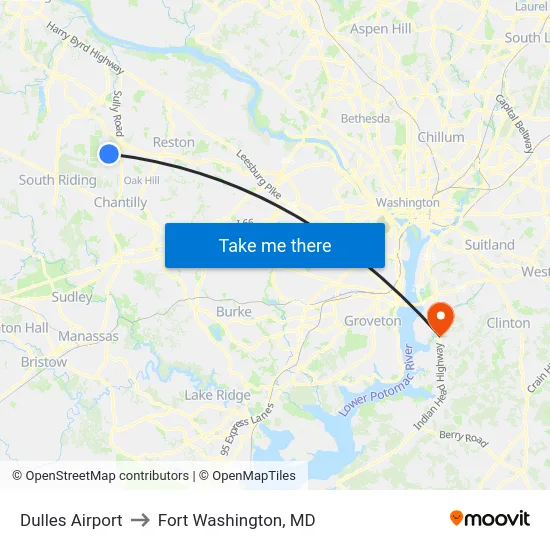 Dulles Airport to Fort Washington, MD map