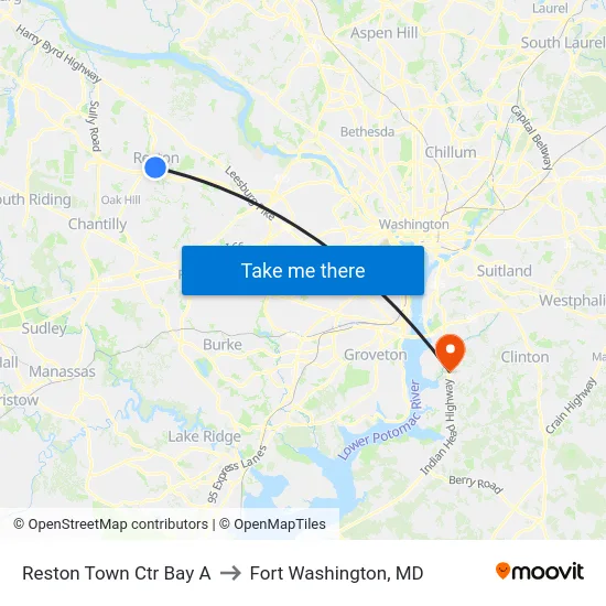 Reston Town Ctr Bay A to Fort Washington, MD map