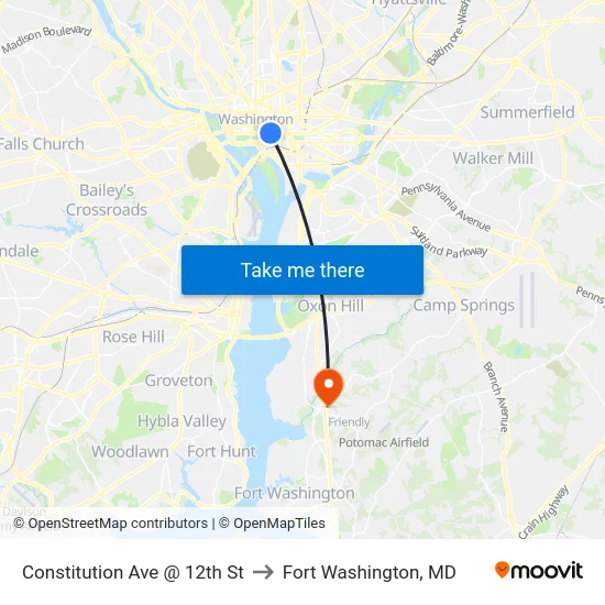Constitution Ave @ 12th St to Fort Washington, MD map