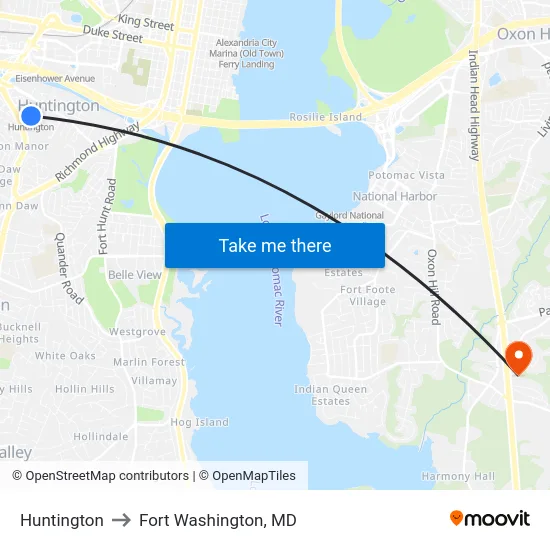 Huntington to Fort Washington, MD map