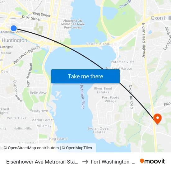 Eisenhower Ave Metrorail Station to Fort Washington, MD map