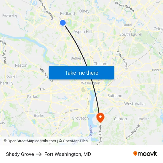 Shady Grove to Fort Washington, MD map