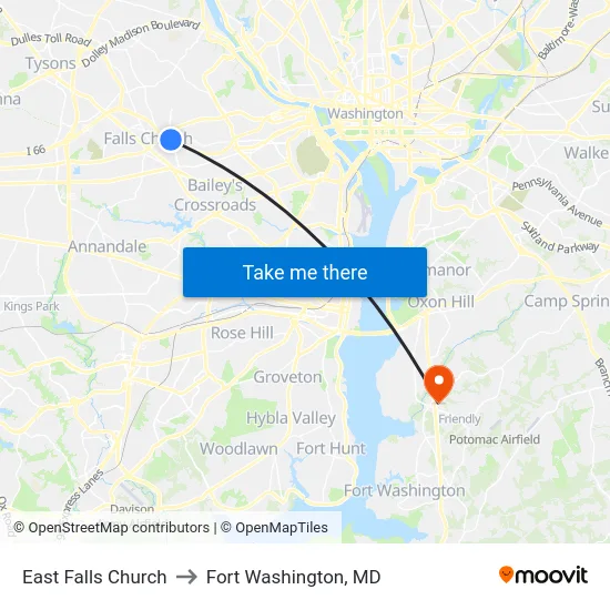 East Falls Church to Fort Washington, MD map