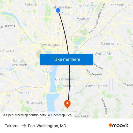 Takoma to Fort Washington, MD map