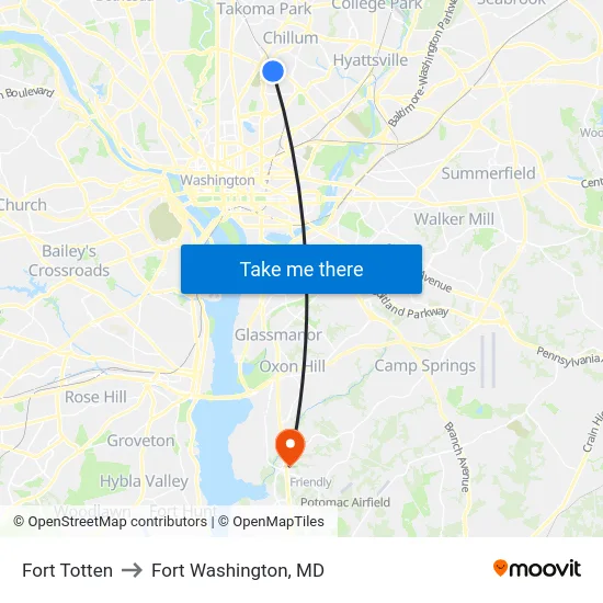 Fort Totten to Fort Washington, MD map