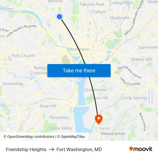 Friendship Heights to Fort Washington, MD map