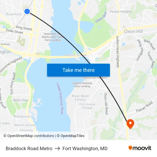Braddock Road Metro to Fort Washington, MD map