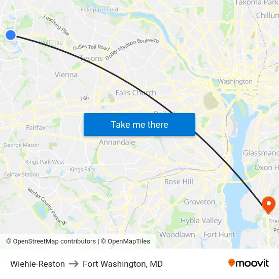 Wiehle-Reston to Fort Washington, MD map